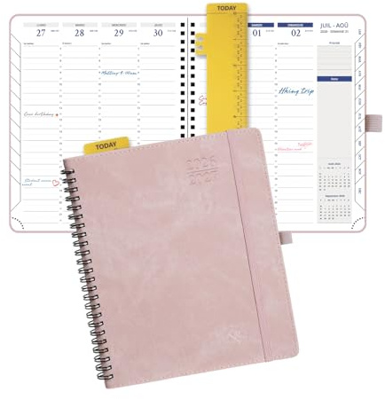 POPRUN Kalender 2026 2027 Wochenplaner A5+ Spiralbuch auf Deutsch | 18 Monate Monatskalender,(Jul.2026-Dez.2027),mit PU-Leder Softcover,mit 30-Minuten-Taktung & Monatsregister(Rosa)