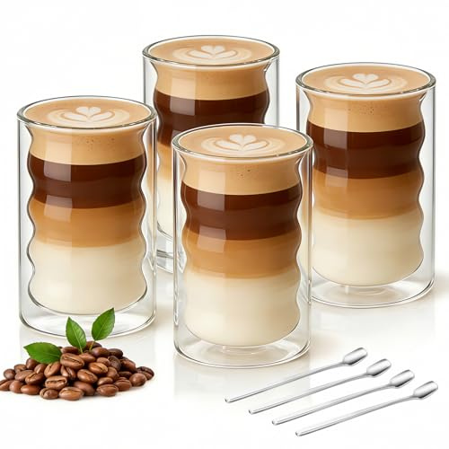 SCANTEE Latte macchiato-glas dubbelväggiga 350 ml, set om 4 skedar, borosilikatglas, termoglas för kaffe, cappuccino, espresso och te