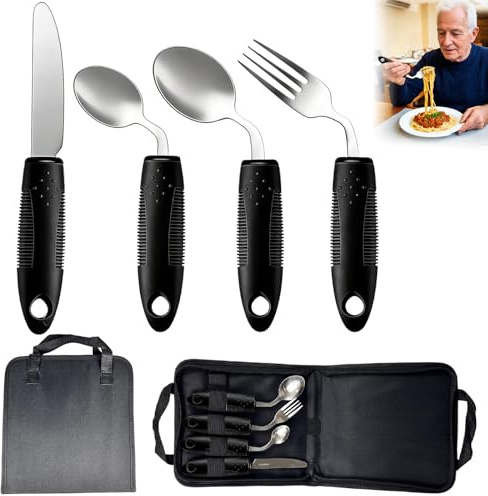4 cubiertos Parkinson de acero inoxidable con bolsa de almacenamiento, cubiertos pesados de 85 g, 42 ° de ángulo adaptativo, juego de cubiertos para personas mayores, discapacitados y artritis, ayudas