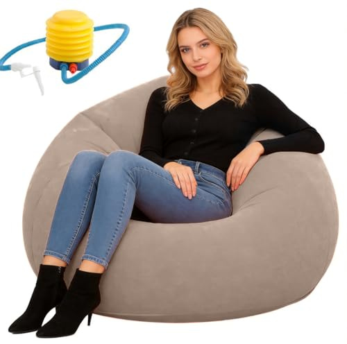 Wapasezyar Aufblasbares Luftsofa Für Camping, Aufblasbare Sitz-Gaming-Liege, Waschbar Wohnzimmer Liegestuhl, Indoor Outdoor Garten stilvolles weiches Plüsch-Gewebe für Erwachsene Kinder (Kaffee)