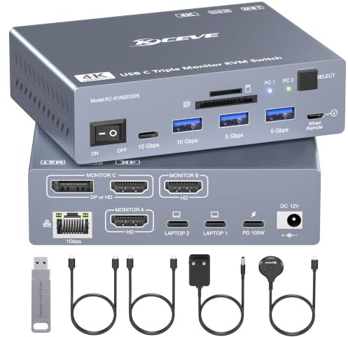 Thunderbolt 4 KVM Switch 3 Monitor 2 Laptop 4K@60Hz, DisplayLink USB-C Dockningsstation med KVM Funktion, lämplig för Mac utbyggnad med 3 skärmar, Power Delivery 100 W, USB 3.2, SD/TF, 1 Gbit Ethernet