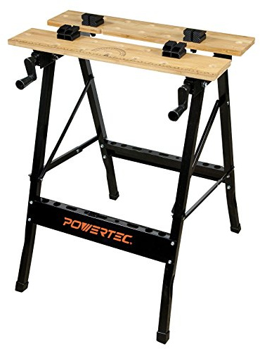POWERTEC Portable Small Workbench with Vise, Imprinted Ruler and Protractor Scale, Folding Sawhorse/Worktable and 4 Bench Dogs for Woodworking Projects (MT4006)