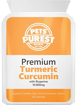 Pets Purest 100% Natural Premium Turmeric For Dogs 10,000mg with Active Bioperine Cats, Horses & Pets Powerful Antioxidant Supplement For Joints & Hips 60 capsules