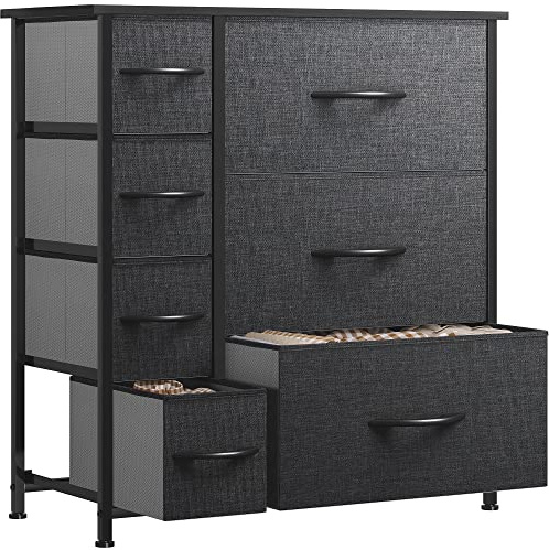YITAHOME Commode pour Chambre à Coucher d'enfant, Commode à 7 Tiroirs en Tissu Meuble de Rangement avec Dessus en Bois et Grand Espace de Rangement, Salon, Gris Noir