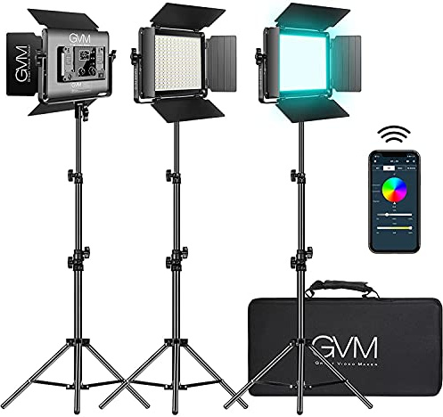 GVM RGB LED Video Light Kit with Wireless App Control, 60W Photography Pannel with Tripod Stand, CRI97 3200K~5600K Studio Lighting Set for Film Gaming Live Streaming Conference, 880RS 3 Packs