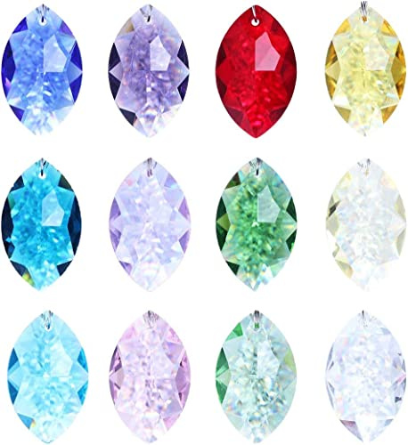 12 Stück 38mm Bunte Kristall Prismen – Sonnenfänger & Fenster Deko | Kristallprismen, facettiert, handgefertigt. Sonnenfänger für Fenster, Lampe, Kronleuchter, Wohnzimmer. Mit Aufhängung.