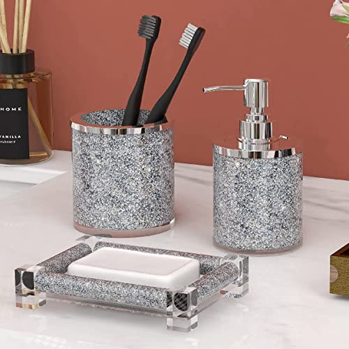 SHYFOY Ensemble d'accessoires de Salle de Bain 3 pièces en Cristal argenté et Diamant pour Salle de Bain, Salle de Bain avec Distributeur de Savon, Porte-Brosse à Dents, Porte-Savon