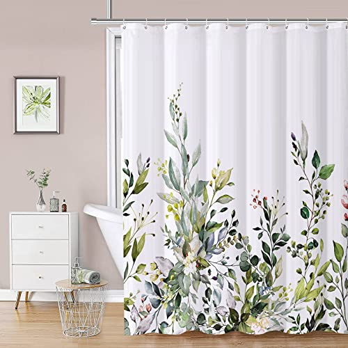 REZAYMRS Eucalyptus Blumen Duschvorhänge mit 12 Haken, Grün, 180x200cm | Polyester Stoff Wasserdicht Hotelstil Duschvorhang für Badezimmer, Maschinenwaschbar, Schnell Trocknend, Beschwerter Saum