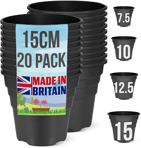 Happy Pots Pots de Fleurs en Plastique 15 cm – Pots de Plante Horticoles – Lot de 20 – Fabriqués au Royaume-Uni – Recyclables – avec Trous de Drainage – sans BPA Noir