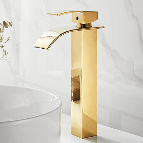 Robinet Cascade Or Robinet Vasque à Poser Monotrou Chaud Et Froid Robinet Lavabo Salle de Bain En Laiton,A D'or