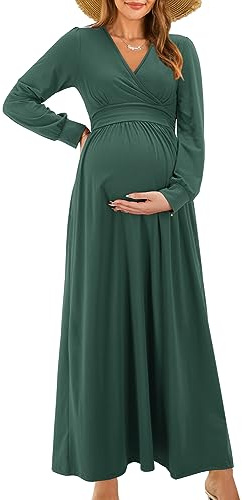 OUGES Women's 2025 Fashion Long Sleeve V Neck Maxi Dress with Pockets Maternity Clothes Nursing Dresses-L Dark Green