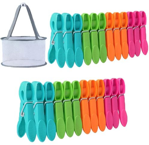 Pegs for Washing Line, Clothes Pegs with Non-Slip, Plastic Material, 24Pcs Set with Storage Mesh Bag and Hanging Hook
