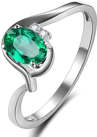 AMDXD Gelbgold 750 Hochzeitsring, Antragsring Freundschaftsringe 4 Klaue mit Smaragd Ring Ovalschliff Grün, Diamantring, Gr.54 (17.2), Echt Gold