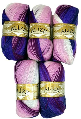 5 x 100 g Strickwolle Angora gold mehrfarbig mit Farbverlauf, 500 Gramm Strickgarn mit 20% Wolle-Anteil (beere rosa weiss 2630)