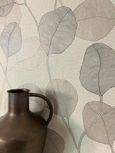 Newroom Vliestapete Braun Blätter Tapete Landhaus Wohnzimmer | Feine Textilstruktur, Blätter als Konturzeichnung, braune beige Linienoptik, Landhausstil, Mustertapete, Schlafzimmer, Flur