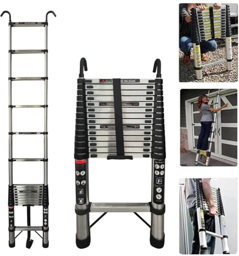 Scala Telescopica in Acciaio inossidabile, con 2 Ganci, 4,4M Scala Pieghevole Scala Telescopica Pieghevole con 15 Gradini, Portata 150kg. EN131, Argento