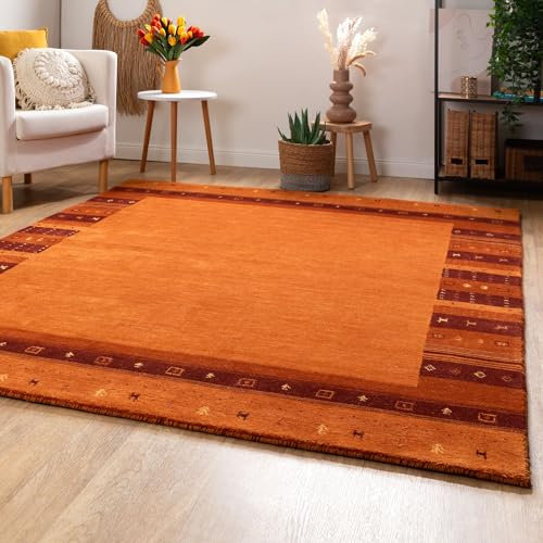 Steffensmeier Gabbeh Teppich Zagros | Wolle, Bordüre Terra, Größe: 70x140 cm Kurzflor Teppich für Wohnzimmer, Ethno Look