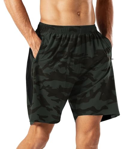 HMIYA Sportshorts för män snabbtorkande korta byxor med dragkedja, Kamouflagegrön, L