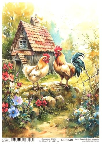 Josys Bastelmärchen Reispapier A4 Strohseide Decoupage Serviertentechnik Ostern Hahn Henne RE6348