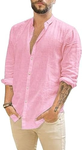 Runcati Camisa de lino para hombre, manga larga, para verano, playa, informal, corte regular, para el tiempo libre, Rosa., M
