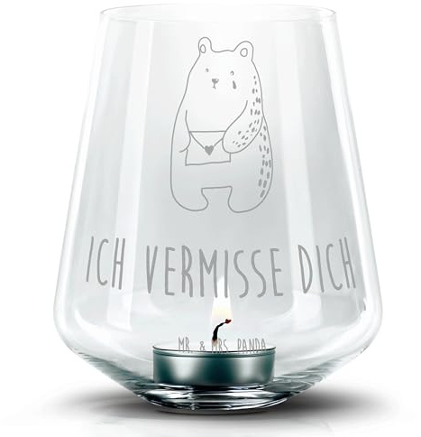 Mr. & Mrs. Panda Glas Windlicht Bär Vermissen - Geschenk, Verreist, Teddy, Reise, Teelichthalter, Laterne, Gravur, Freund, Freundin, Kerzenhalter, Liebeskummer, Unglücklich Verliebt