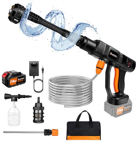 HSHa Limpiador de alta presión inalámbrico con batería de 3,0 Ah y cargador, kit de pistola de lavado eléctrico 270L/H, boquilla ajustable 6 en 1, manguera de 5 m, limpiador de alta presión de 21 V