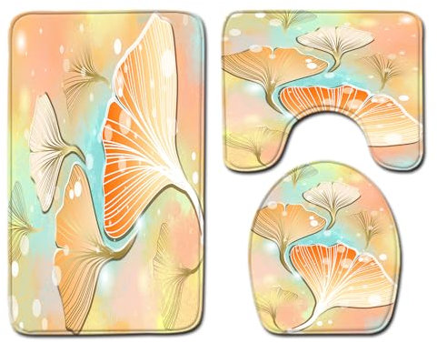 Bad Teppiche Set 3-Teiliges Orange Golden Ginkgo WC Vorleger Mit Ausschnitt Badematte Saugfähig WC Deckelbezug Badvorleger rutschfest Waschbar Toilettensitzbezug Badgarnitur (45x75cm)