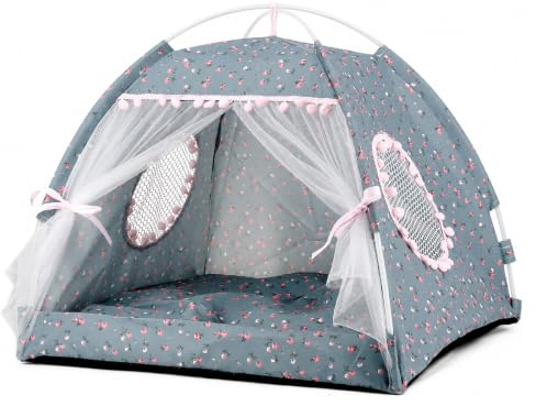 Grey Princess Cat Bed Dog Tent, Indoor House for Small Puppies and Kittens | Portable Pet Teepee Bunny Nest Foldable Cozy Cave Hideaway Washable Cushion Reversible Mat Travel Use, 35 x 35 x 30 cm