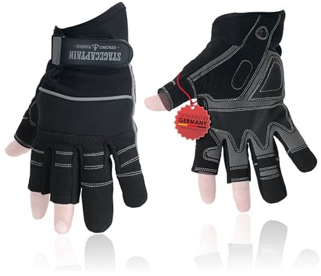Stagecaptain RGL-2F Rigger Handschuhe - Arbeitshandschuhe für Herren - Größe M - 3 kurze Finger und Innenfläche aus Kunstleder - Aufgesetzte Verstärkungen - Schwarz/Grau