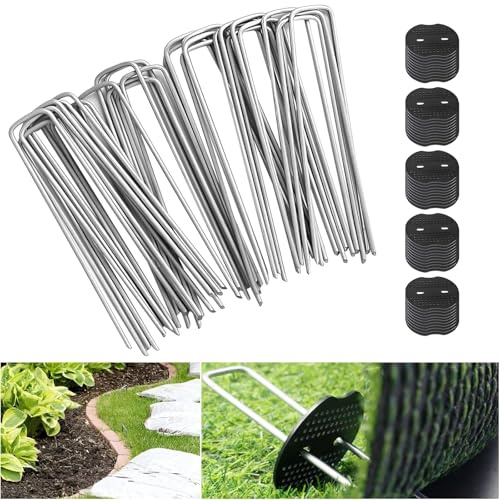 HTRTRR 100 Erdanker (15 cm) + 100 Unterlegscheiben – Verzinkte U-Heringe mit Kunststoffscheiben – Befestigung für Rasen, Unkrautvlies, Folien, Zäune, Netze, Bewässerung & Camping