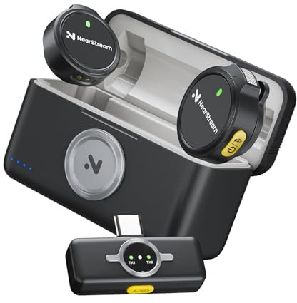 NearStream Microfono Lavalier Wireless con Cancellazione del Rumore & Modalità Silenziosa, Compatibile con Smartphone Android, iPhone, iPad, Laptop,PC, 50m di Distanza,1 RX+2 TX+1Custodia di Ricarica
