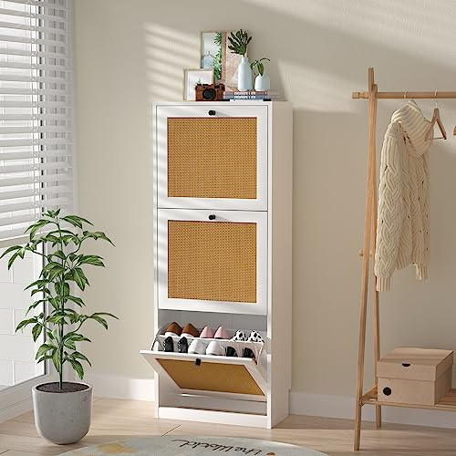 Yvsevnr Schuhschrank Schmal mit 3 klappen Rattan Schmaler Schuhschrank Flur Weiss, Schuhkommode Weiß für 18 Paar Schuhe, Holz Schuhkipper für Eingang, Wohnzimmer, Flur 51 x 22.5 x 122 cm