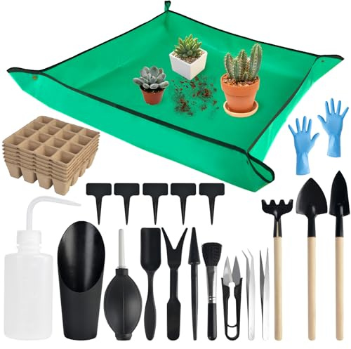 succulentlovers 26PCS Succulent Tools Set, Indoor Gardening Tools Kit Includes 39 Plant Repotting Mat & 19 Pcs Mini Succulent Hand Tools & 96 Cells Seed Starter Trays for Indoor Plant Care Gifts