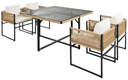 ESTEXO Gartenmöbel Set La Gomera 4 Personen Beige Rope Sitzgruppe Cube-Design Stühle einschiebbar Essgruppe Glastisch 110x110 cm & Kissen
