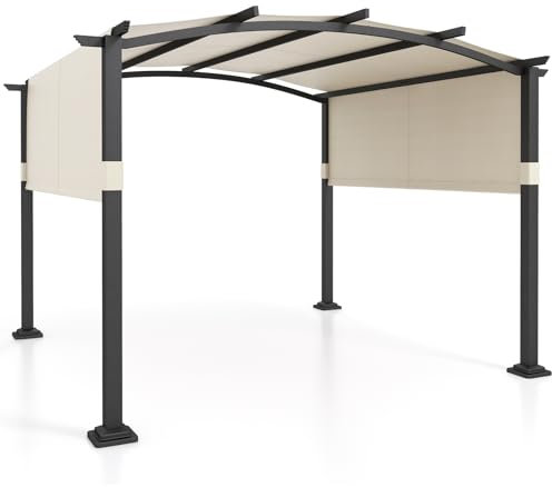 TANGZON 3 X 3M Metal Retractable Pergola, Outdoor Arched Patio Gazebo with Sun Shade Canopy, Large Garden Shelter for Porch Backyard Deck (Beige+Black)