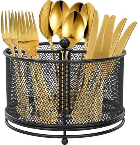 Sesaver 360°Rotating Utensil Caddy Kitchen Utensil Holder 6.7×6.7×5.1 Inch Metal Utensils Organizer 4-Compartment Metal Caddy Rotatable Cutlery Holder Multifunctional Flatware Organizer for Home