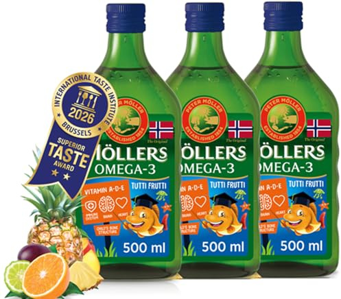 Moller’s ® | Omega3 for Kids Cod Liver Oil | Nordic Omega-3 Dietary Supplements with EPA, DHA, Vitamin A, D & E | Pure, Natural cod Liver Oil Liquid | 166-year-old-brand | Tutti Frutti | 250 ml x 3