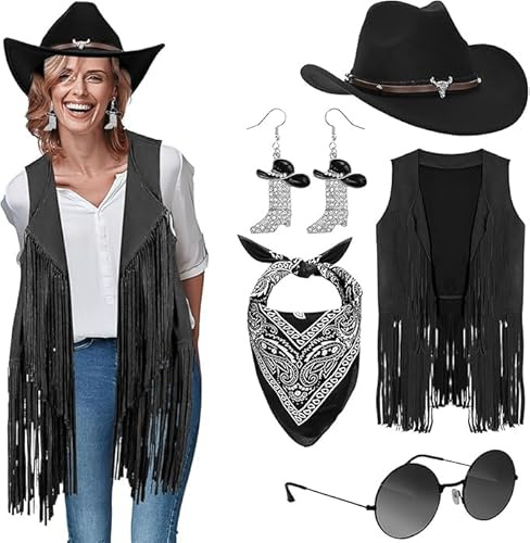 HFZCV 5 PCS Cowgirl Outfits for Women Western Costume Accessories Cowboy Hat Tassels Fringe Vest Earring Hippie Glasses Bandana for Hippie Disco Party Halloween Party Cosplay (Black, XL)