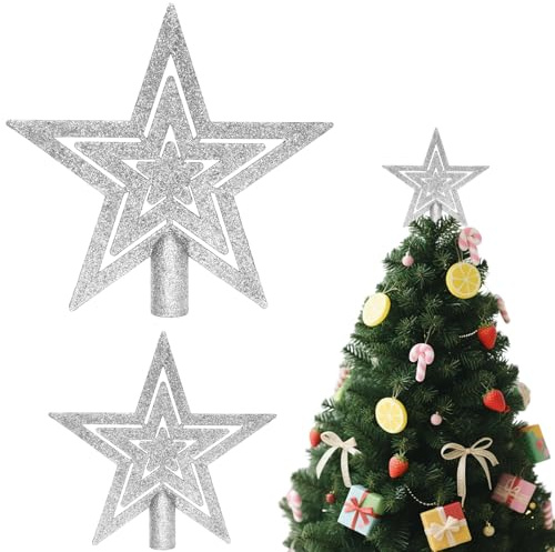 Christmas Tree Topper,2 Pcs Silver Glitter Christmas Tree Star Toppers,Star for Top of Xmas Tree Topper Ornament(10+15CM)