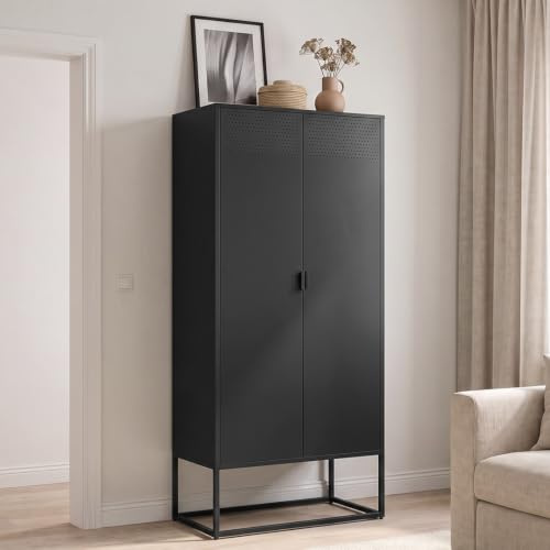 skølm Izar Sideboard 80 cm breit, Schwarz, 4 Fächer, Doppeltüren, Metall | Metallkommode, Wohnzimmerschrank, Mehrzweckschrank, Highboard Industrial Style, Metallschrank, Flurschrank, Büroschrank
