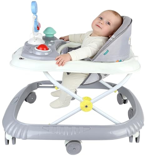 Lauflernhilfe für Babys, Jungen, Mädchen, mitwachsend, Lauflernhilfe für Babys, faltbar, mit 4 verstellbaren Höhen, Musik + abnehmbares Tablett, Kleinkinder ab 6 Monaten, Grau