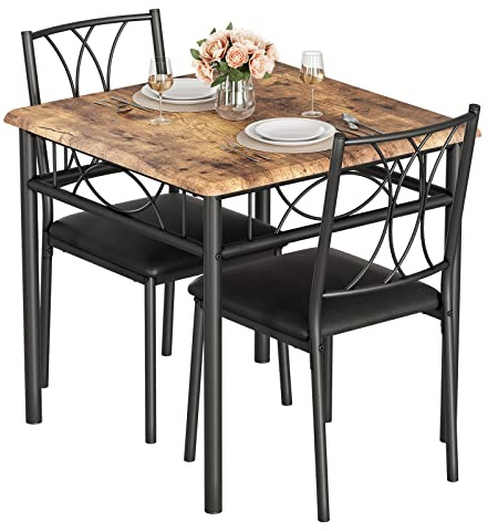 Hapihom Esstisch mit 2 Stühlen, Essgruppe 3-teilig mit Metallgestell, Sitzgruppe mit 2 Polster, Industriell Kleine Küchentisch Holz für 2 Personen, Bartisch Set für Esszimmer, Küche, Wohnzimmer