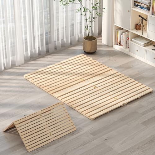 DoCred Solid Pine Wood Foldable Slatted Bed, Japanese Floor Bed Frame Moisture-Proof, Beds Plate for Japanese Floor Futon Mattress, Guest Tatami Mat, Floor Sleep Bedding, Queen