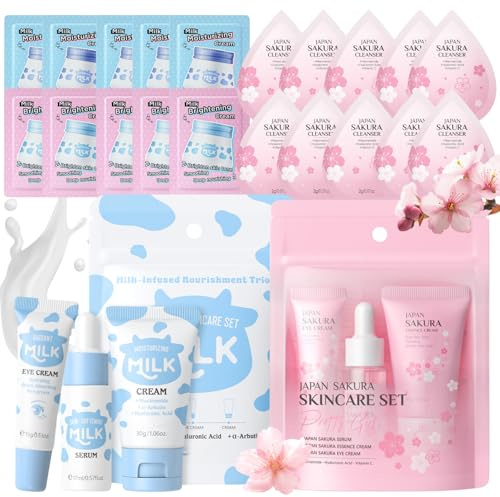 26Pcs Teen Girls Skincare Gift Set - Sakura & Milk Face Care Travel Kit with Eye Cream, Face Cream, Serum & Cleanser, Pamper Set for Girls & Teenagers, Birthday Beauty Gift