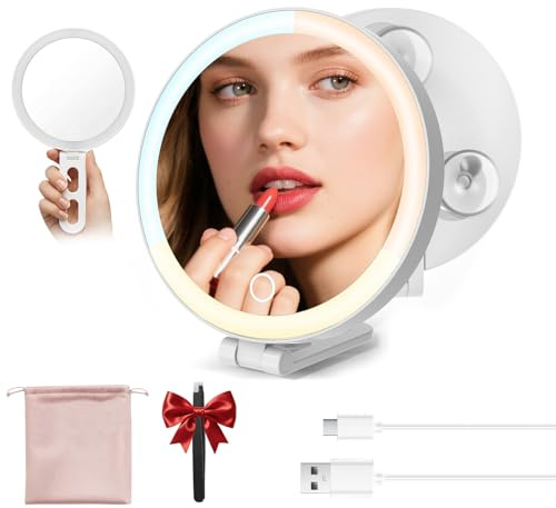 Espejo de maquillaje de viaje con luces, espejo de aumento iluminado 10X, 4 en 1 portátil para mano, mesa, colgante y montaje en pared con ventosa y luz de 3 colores, regalo ideal para mujeres y