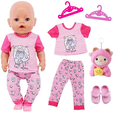 6 Stück Puppenkleidung für Puppen 35-45 cm, mit Rosa Lamm-Oberteil, Bedruckten Hose, 12 cm Schaf-Plüschtier Rosa Hausschuhen, Kleiderbügeln, Niedliche Kleidung Compatible with New Born Baby 35-45 cm