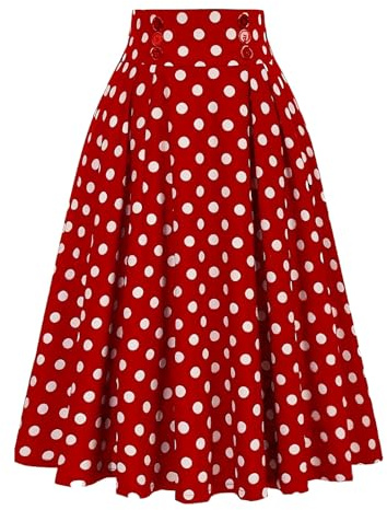 Gonna a pieghe da donna lunga anni '50, stile vintage, gonna a pieghe a vita alta, gonna midi con stampa floreale, gonna a pois, rockabilly swing con cintura, lunghezza al ginocchio