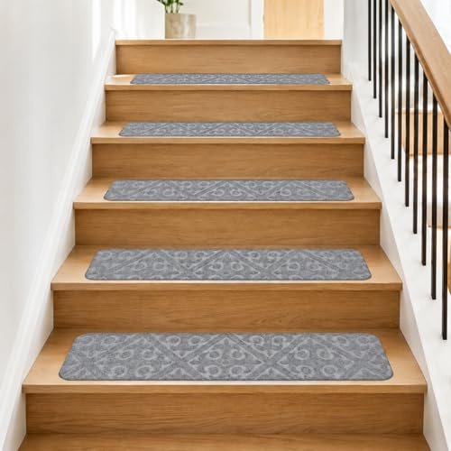 15Pcs Stair Treads Carpet for Wooden Steps, 76*20cm Peel and Stick Stair Treads Indoor with Adhesive, Reusable Stair Runner Carpet Non Slip stair mats Protectors for Staircases (Light Gray, 76*20cm)