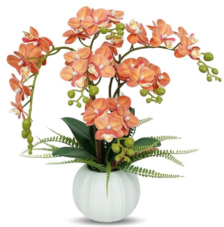 Orchidees Artificielles, Fleur d'orchidée artificielle avec pot fausse plante bureau Plantes artificielles d'intérieur pour la décoration du salon, de la chambre, de la cuisine et de la table (orange)