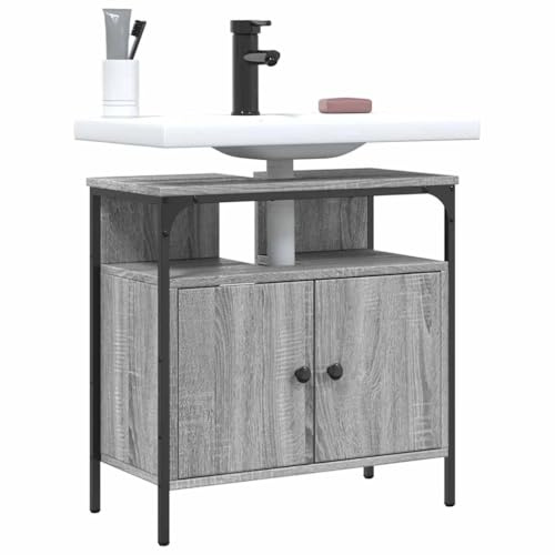 XHNIFBN Armario para debajo del lavabo 60 x 30 x 60 cm Sonoma gris de madera y acero, moderno mueble de baño con sifón de apertura para pequeños inodoros de invitados